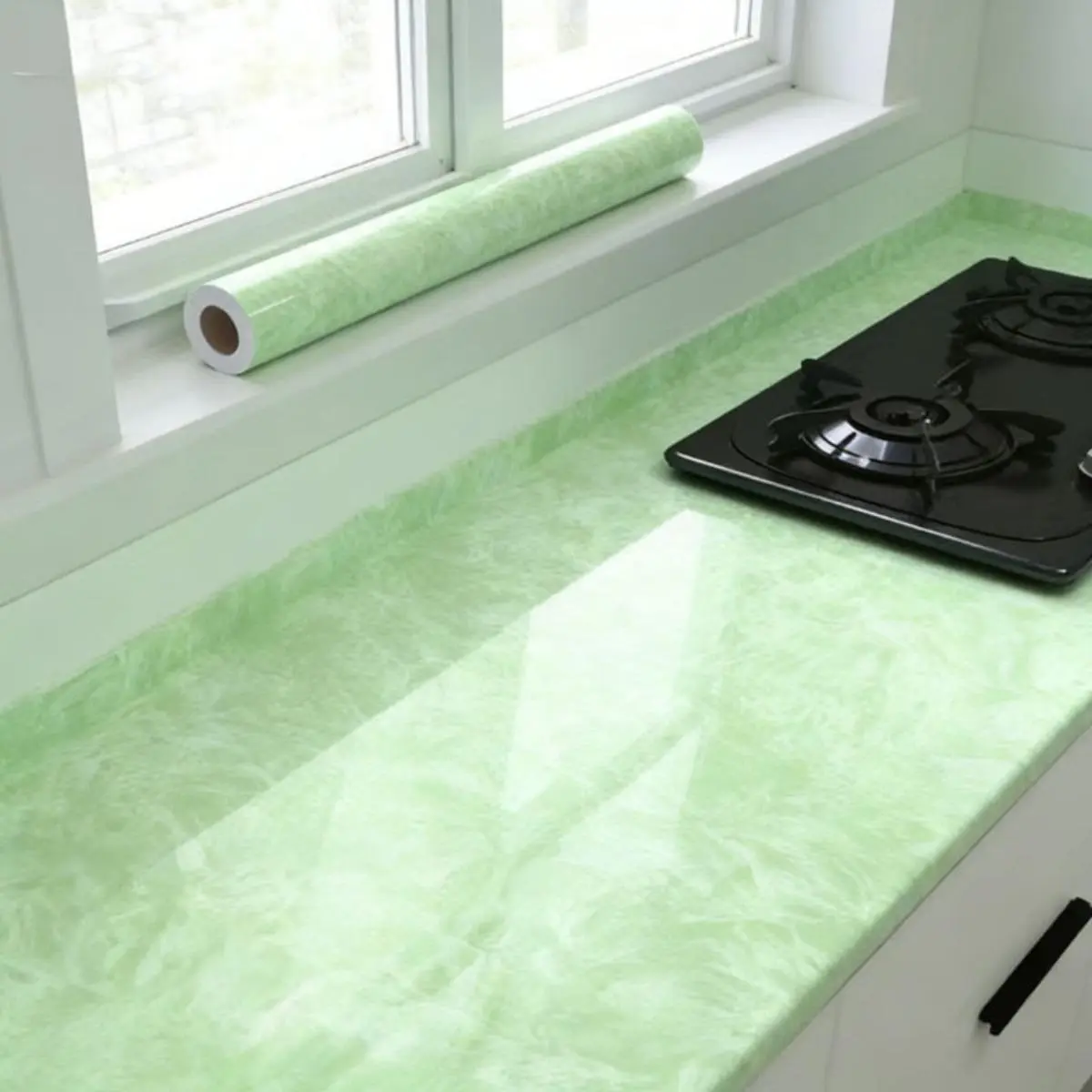 Green Marble Peel and Stick Contact Paper - Waterproof, Easy to Clean, Flat, Universal, Renter-Friendly Decorative Sticker for Countertop Wrap, Interior Wall, Accent Wall; Ideal for DIY Decor, Kitchen Renovation