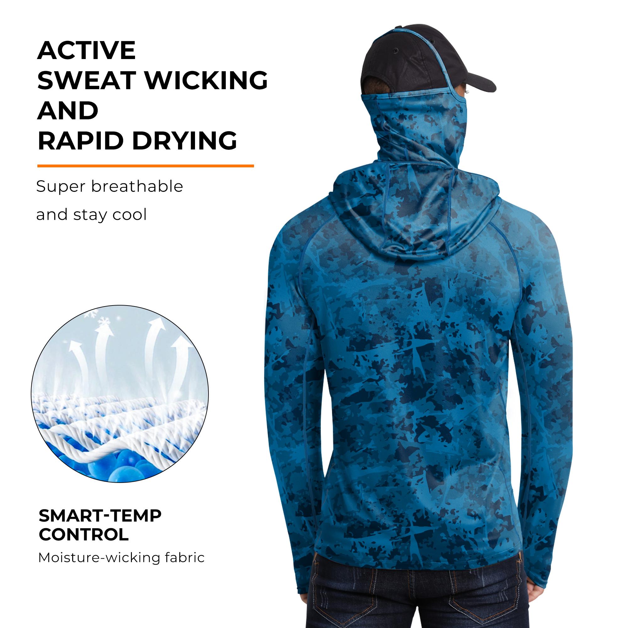 【Clearance】R10 Sun Hoodie Shirts w/ UV Detection Logo Mask Neck Gaiter Thumbhole Men UPF 100+ Sun Protection Long Sleeve Lightweight Quick Dry Moisture Wicking Breathable Cooling Athletic Activewear for Outdoor Sports Fishing Boating Construction Roofing