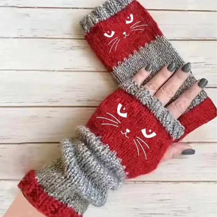 Women's Knits Gloves - Hand-Crocheted Embroidery Women's Gloves with Cat Cartoon Fashion Design, Splicing Detail, Fingerless Style, Warm Cashmere Accessory for Daily Wear, Hand-Crocheted Women's Gloves