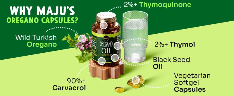 MAJU Oregano Oil Capsules (60ct) - 2-in-1 Blended Softgel, Oil of Oregano with Black Seed Oil, Edible Dietary Supplement for Seasonal Wellness, Immune Support, Minerals, Vitamins, Digestion Healthcare Fitness