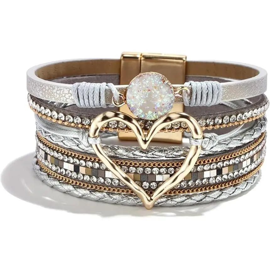 September Laurel  Leather Bracelets for Women Warp Bracelet Stackable Boho Layered Bracelet Chunky Heart Trendy Birthday Gifts for Her