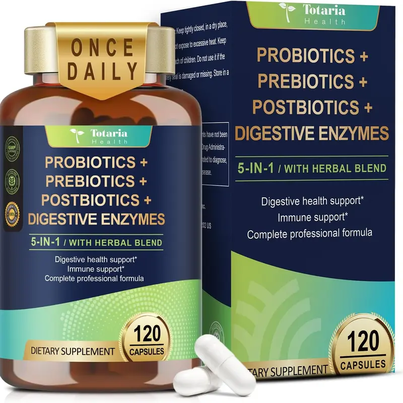 Totaria 5-in-1 60 Billion CFU Probiotic Prebiotic & Postbiotic for Women & Men, w/Digestive Enzymes, Slippery Elm, Daily Complete Gut Health, Digestive & Immune Support, 4 Month Supply, Vegan