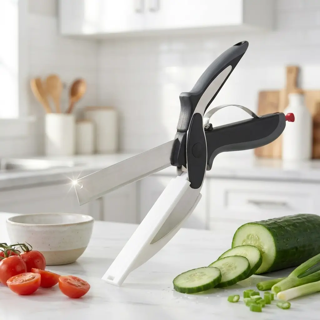 2 in 1 Kitchen Scissors for Food – Stainless Steel Blade & Plastic Cutting Board Scissors with Safety Lock | 9.6" Tomato Knife, Fruit & Vegetable Cutter – Easy-to-Use Kitchen Shears for Meat, Cheese