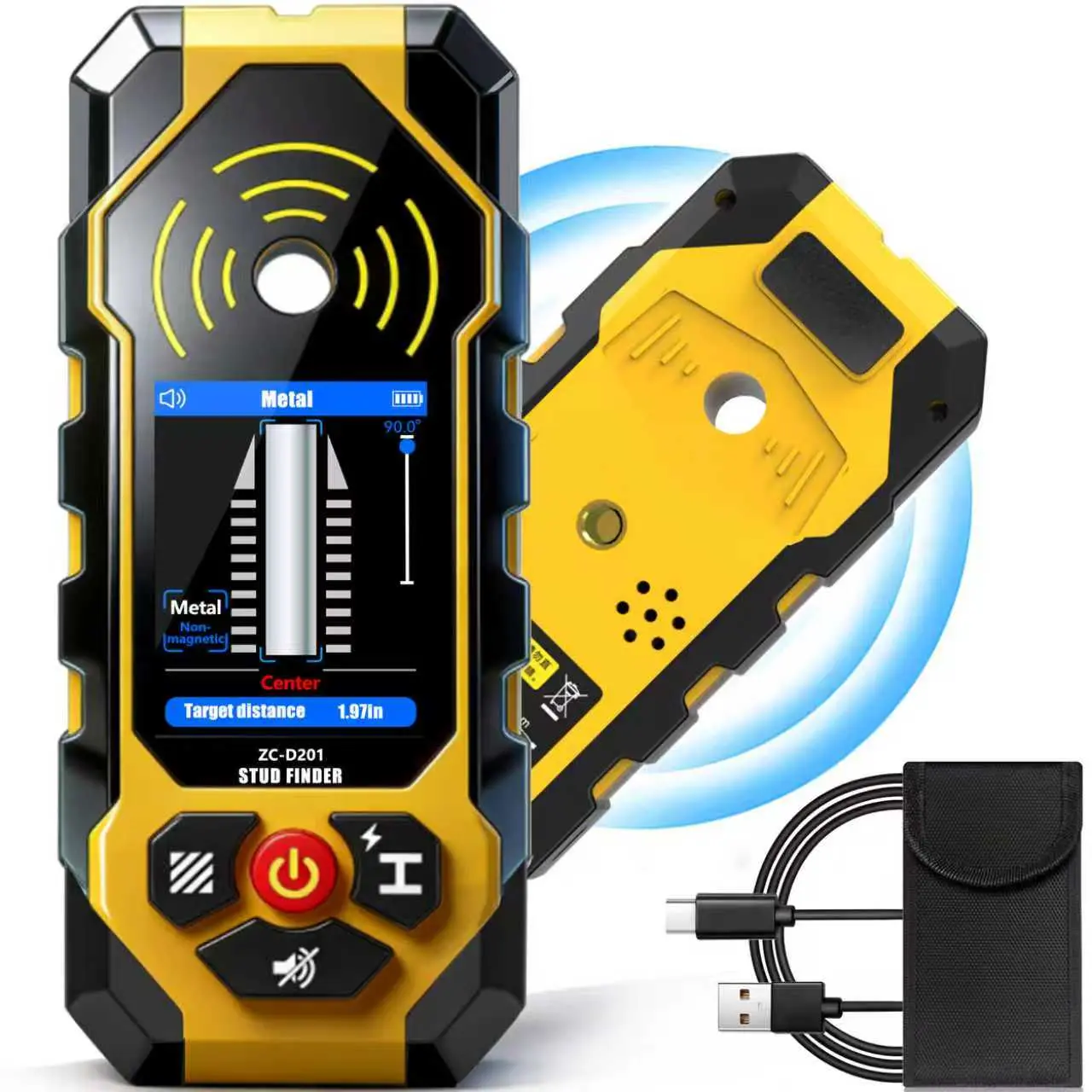 ZC-D201 Portable 6-in-1 Stud Finder Wall Scanner Detector Tool with Upgraded Sensor, Live Wire Detection - Accurately Locates Metal, Wood Studs, AC Wires, PVC Pipes, Rebar Behind Walls for DIY, Professional Use