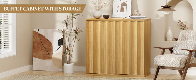 BROTTAR Fluted Sideboard Buffet Cabinet with Storage, 31.5" Modern Kitchen Cabinets with Doors, Coffee Bar Buffet Cabinet for Kitchen, Entryway Cabinets for Living Room, Natural