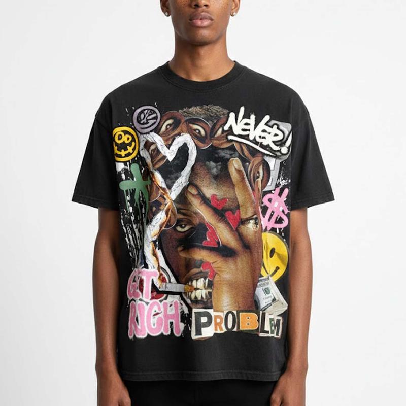 Sopula Studio Men's Streetwear Richer Our retro abstract patterns, cotton casual round-neck T-shirts Black Menswear