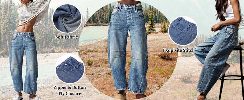 Naeduo Women's Baggy Boyfriend Jeans Vintage Wide Leg Mid Rise Barrel Denim Ankle Pants with Side & Back Pockets Comfortable Breathable Fabric for Autumn Streetwear