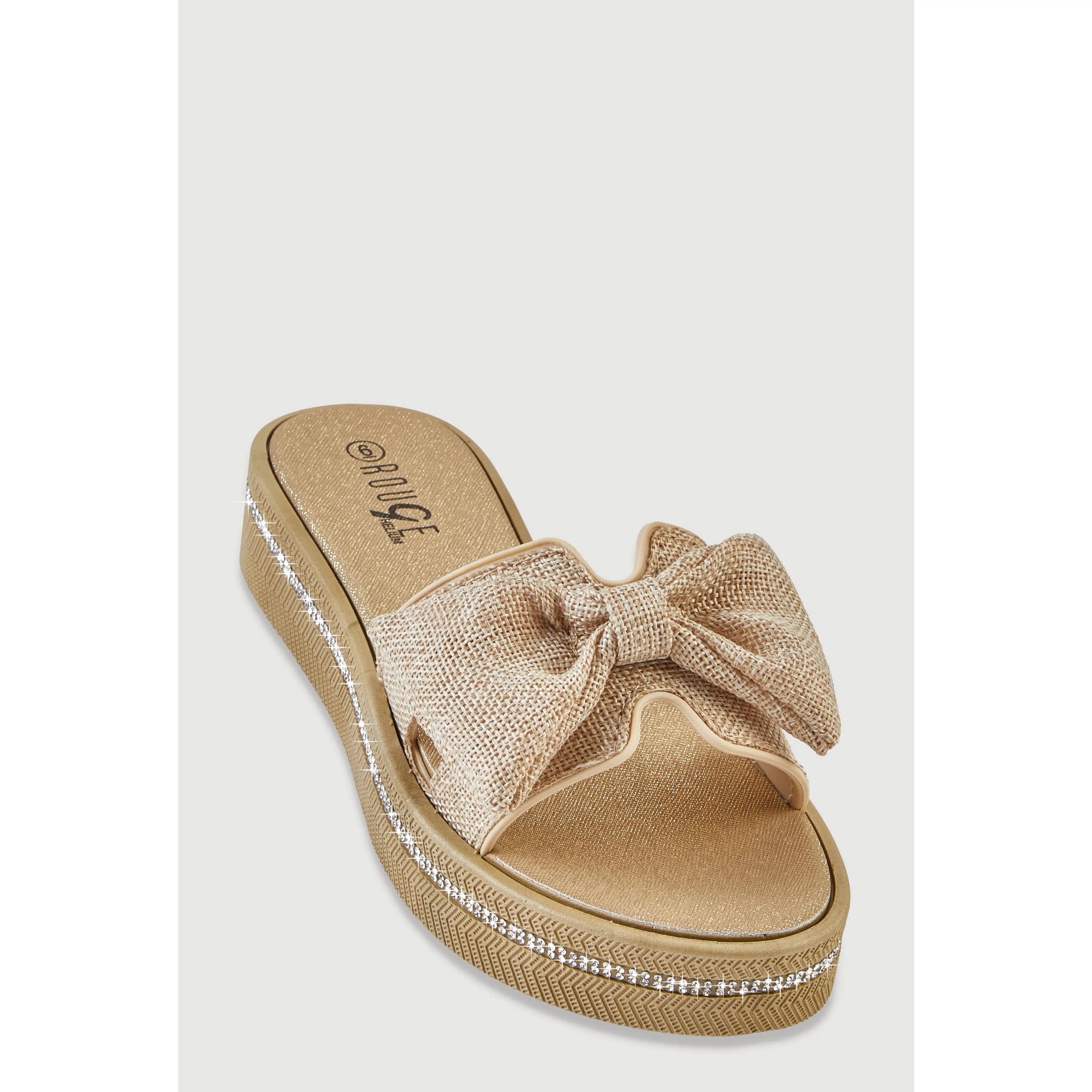 Bow Detail H Band Slide Sandals with Rhinestone Trim