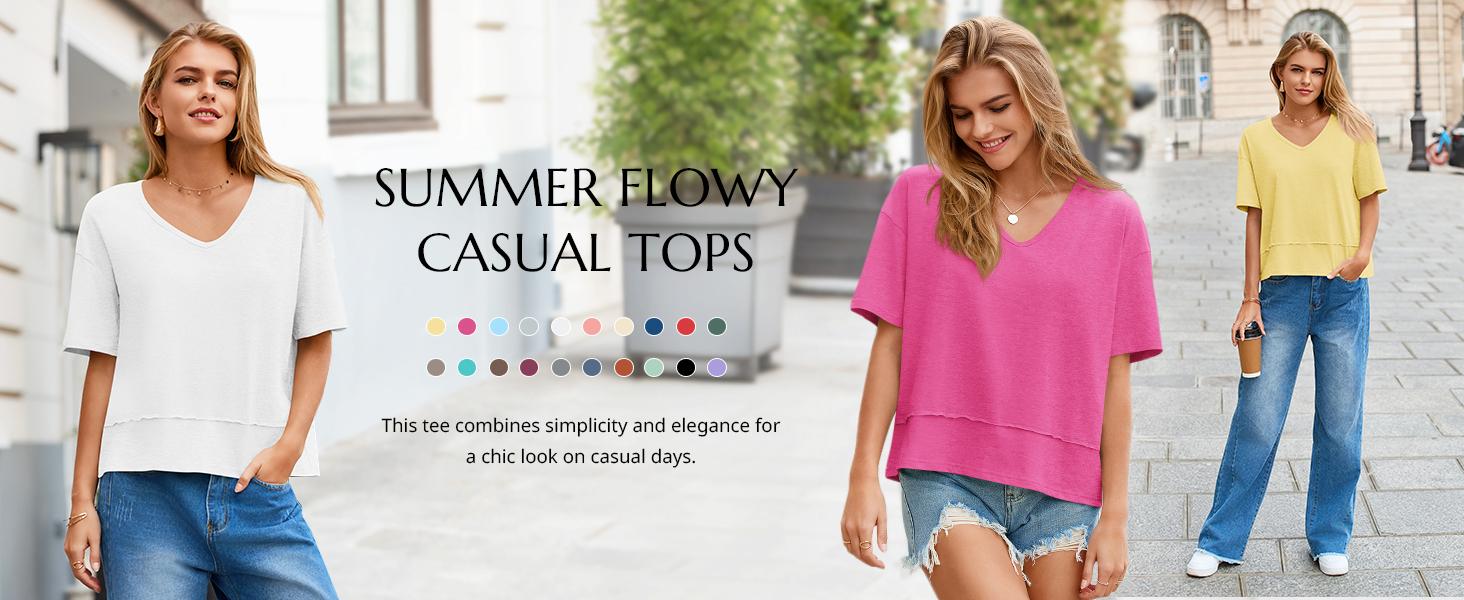 Cicy Bell Women's Summer V Neck T Shirts Casual Short Sleeve Flowy Tops Cute Loose Fit Basic Tees Premium Blend Fabric Flattering V Neckline