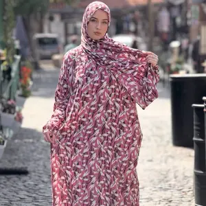 Women's Ditsy Floral Print Arabian Abaya Hijab All-in-one Dress, Elegant Bishop Sleeve Zipper Long Sleeve Maxi Muslim Dress, 100% cotton prayer dress one size fits all, Islamic Clothing for All Seasons, Modest Style Dress