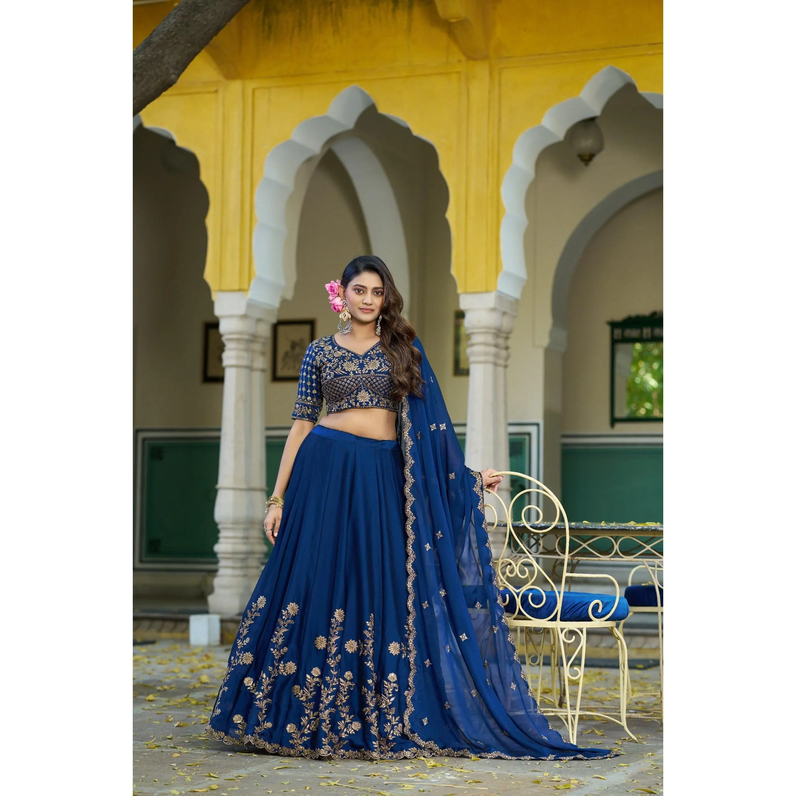Women's Traditional Ethnic Rangoli Silk Lehenga Choli Set - Festive Flared Long Crepe Outfit with Embroidered Sequins, Threadwork, Matching Unstitched Blouse, Dupatta, Drawstring, Comfortable Glam Apparel for Weddings, Holidays