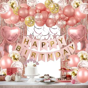 Rose Gold Birthday Party Decorations Happy Birthday Banner Fringe Curtain Heart Star Foil Confetti Balloons Swirls for Women Girls Princess Party Supplies  Backdrop Picture