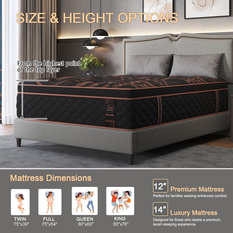 14"12" Twin Full Queen King Size Mattress in a Box Hybrid Spring Memory Foam, Medium Firm Ergonomic Mattress