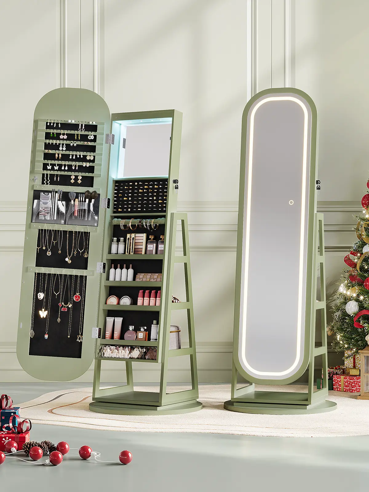 【LED Jewelry Mirror】ONBRILL 360° Swivel Jewelry Mirror Cabinet with Lights Inside Makeup Mirror Standing Jewelry Armoire Organizer Rotatable Full-Length Mirror with Jewelry Storage Lockable with Back Storage Shelves【BackToSchool】