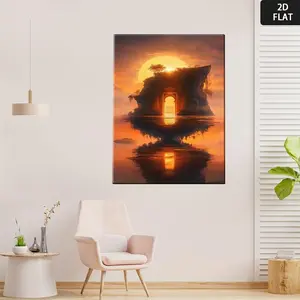 2D Flat, 2D Flat Floating Island Wall Art - Nordic Style Open Door Canvas Print with Wrap-Around Frame, Serene Island & Sunset Reflection Painting for Living Room, Bedroom, Office Decor - Modern Minimalist Nature-Themed Wall Hanging Poster	