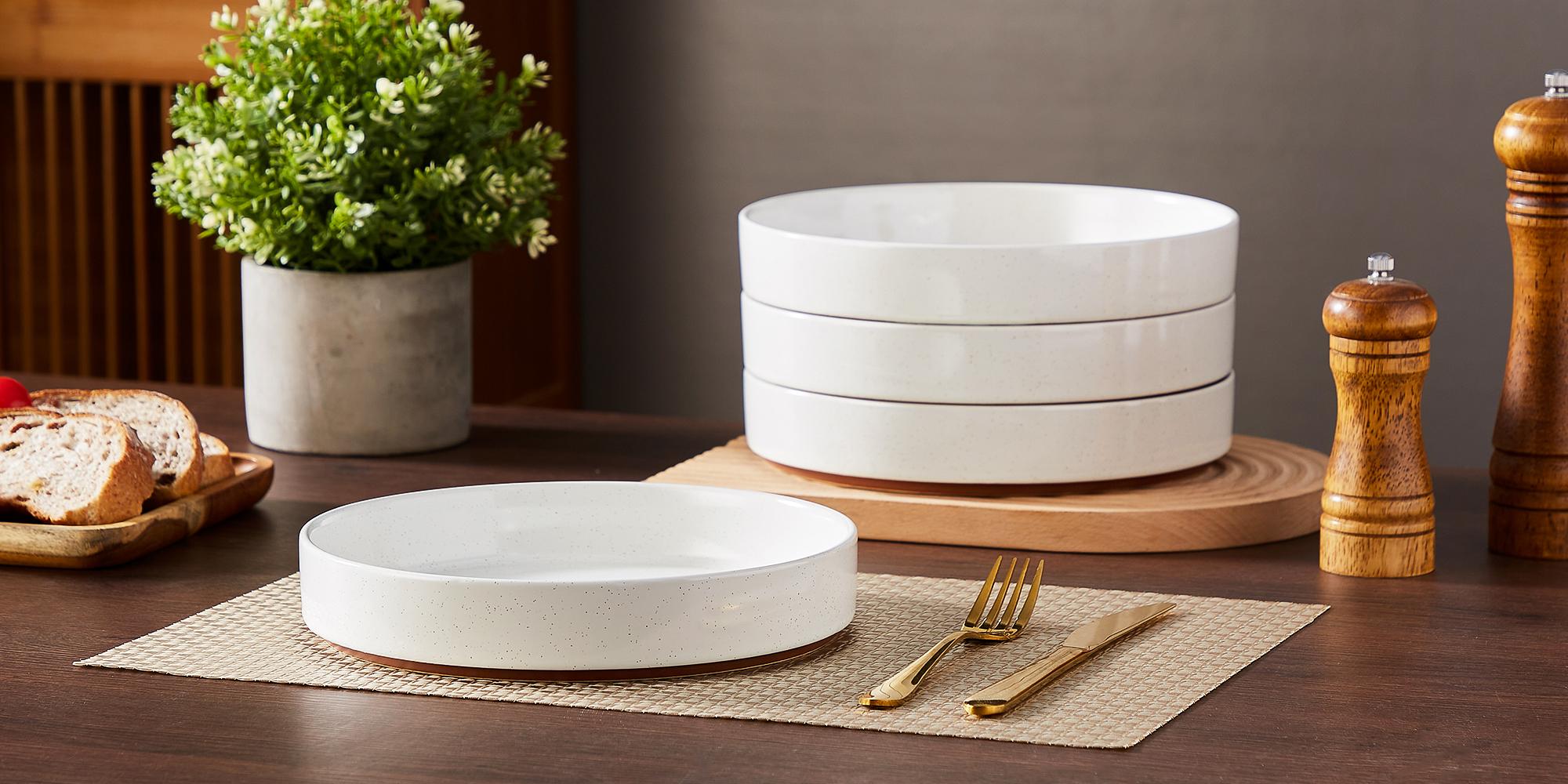 MALACASA Stoneware Pasta Bowls Set of 4, Sesame Glaze Stackable Soup Plate Set, Lead-Free Salad Plates Safe for Microwave and Dishwasher Winter Holiday MALACASA Stoneware Pasta Bowls Set of 4, Sesame Glaze Stackable Soup Plate Set, Lead-Free Salad Plates Safe for Microwave and Dishwasher Winter Holiday