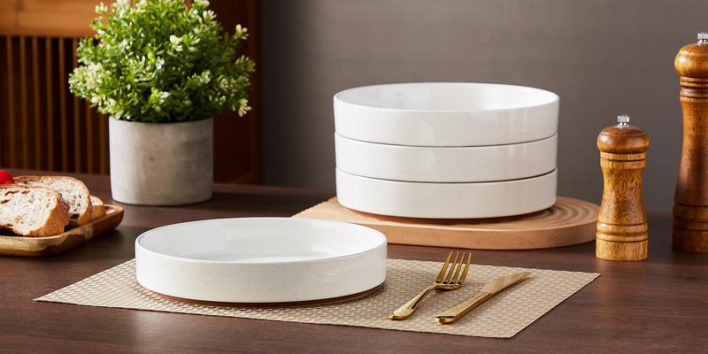 MALACASA Stoneware Pasta Bowls Set of 4, Sesame Glaze Stackable Soup Plate Set, Lead-Free Salad Plates Safe for Microwave and Dishwasher Winter Holiday