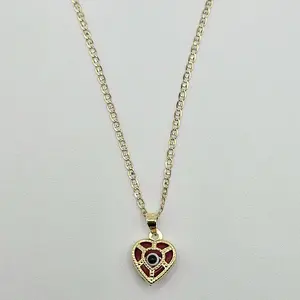 14k Solid Gold 18" 2mm Mariner Chain Necklace With Heart Eye Pendant in 3 Different Colors
