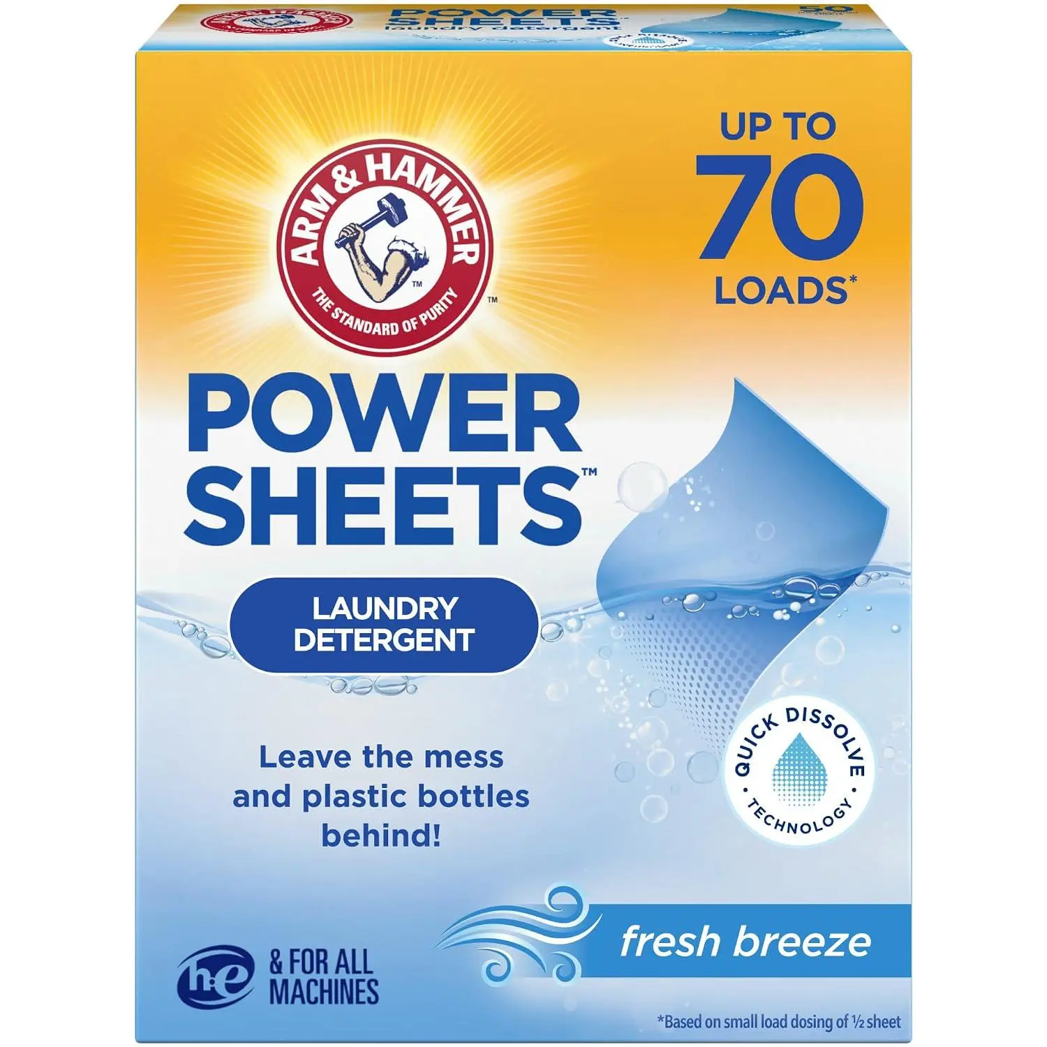 ARM & HAMMER Power Sheets Laundry Detergent, Fresh Breeze, 35 Count | Quick-Dissolve Sheets, No Mess, Lightweight and Travel-Friendly, Zero Plastic Bottle Waste, Up to 70 Small Loads