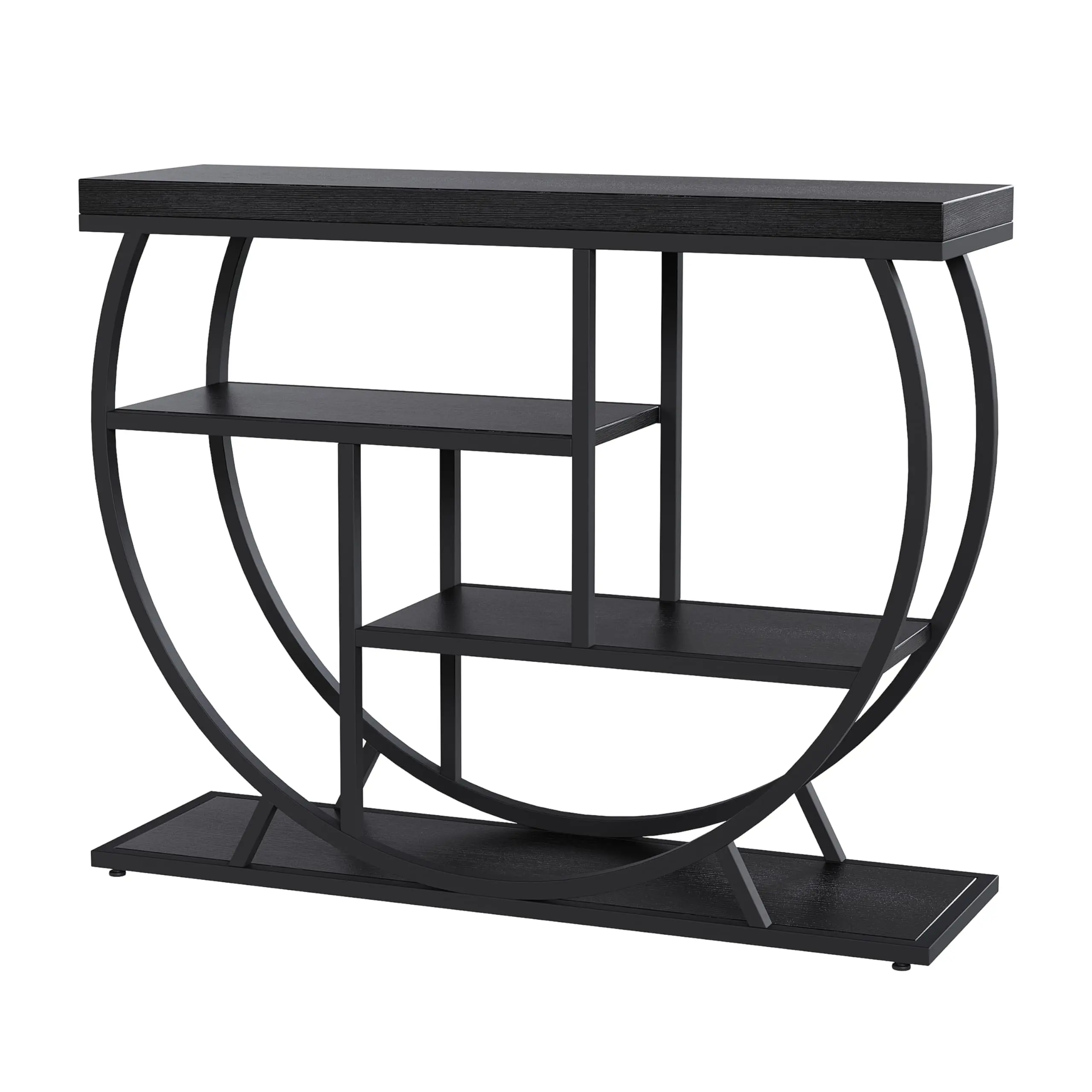 Garvee Farmhouse Console Table for Entryway with 4 Tiers, Rustic Hallway Storage, Semi-Circular Metal Frame, Narrow Design for Living Room, Apartment, Behind Sofa, Black Finish