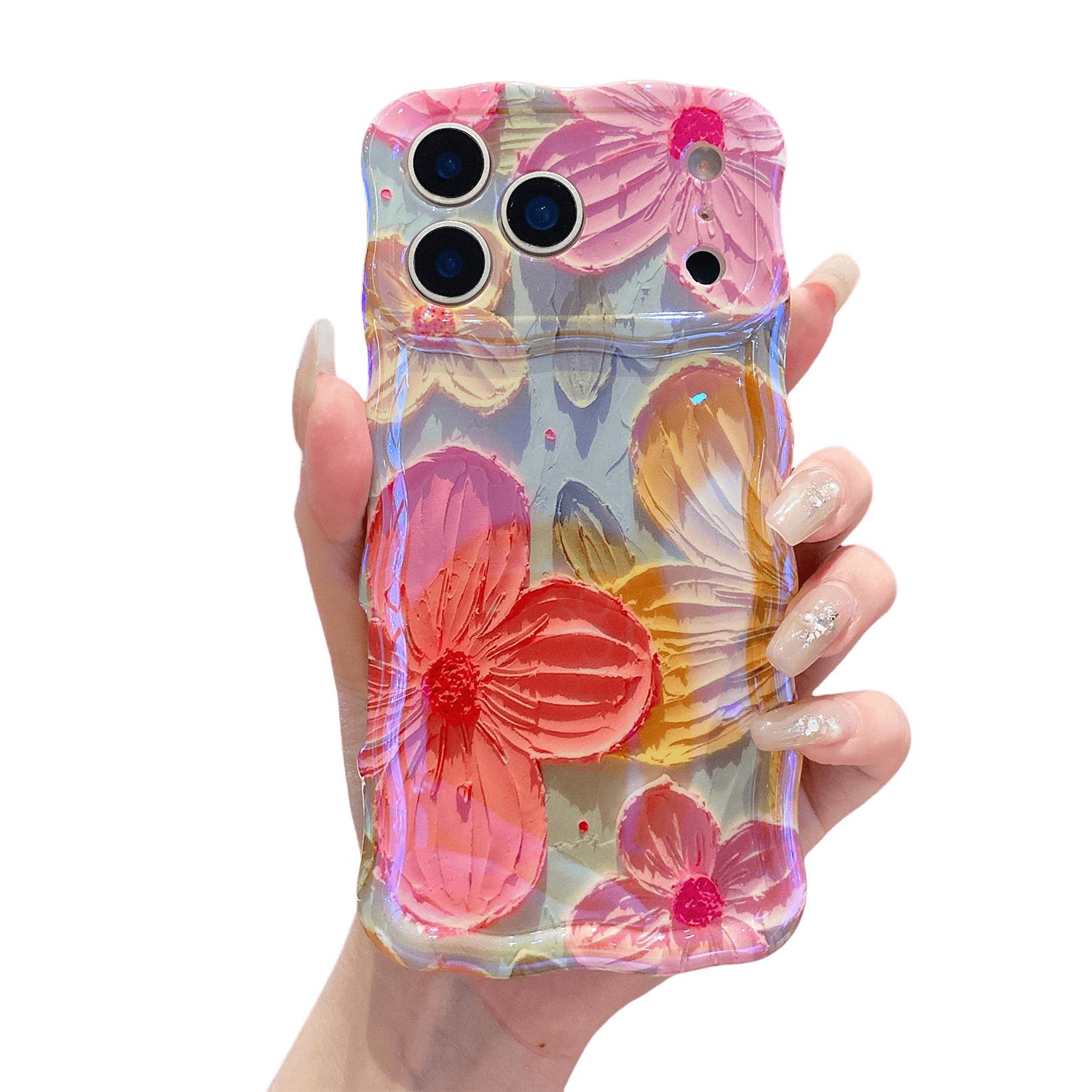 Case for iPhone 17 Pro Max 17 Air 16 15 14 13 Pro Max, Colorful Oil Painting Flower Laser Glossy Pattern Cute Curly Wave Edge Cover TPU Protective Case for Girl Women
