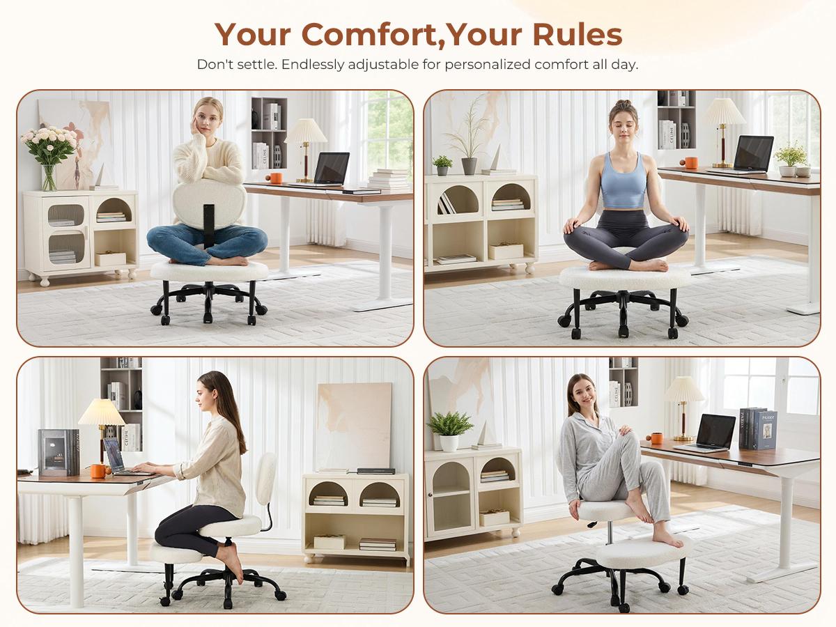 [SpringStatements] EBELLO Ergonomic Cross Legged Swivel Chair - Adjustable Height, Teddy Fabric, Back Support, Versatile for Home & Office Use