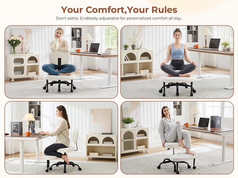 [Stock Up] EBELLO Ergonomic Cross Legged Swivel Chair - Adjustable Height, Teddy Fabric, Back Support, Versatile for Home & Office Use