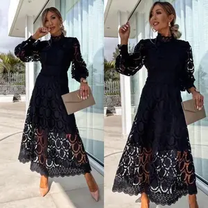 Women's Elegant Romantic Lace Puff Sleeve Mid-Calf Dress