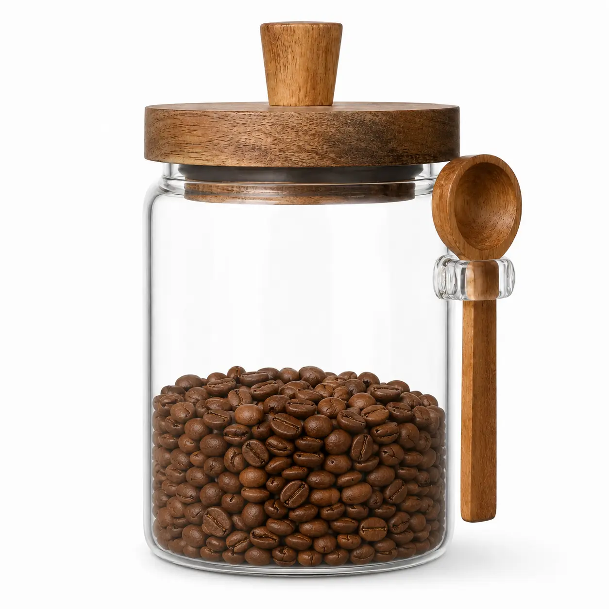 MIUVA Coffee Storage Container 20.3 oz Glass Coffee Jar with Wooden Lid and Spoon Airtight Canister for Coffee Beans Grounds Sugar Tea and Kitchen Counter Organization