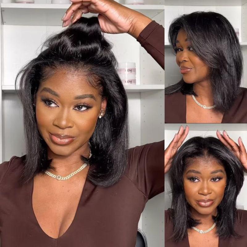 UNice Glueless Yaki Straight Short Bob Wig with Drawstring Pre-cut 7x5 HD Lace Human Hair Wigs with Bleached Knots Beginner Friendly Natural Hairline