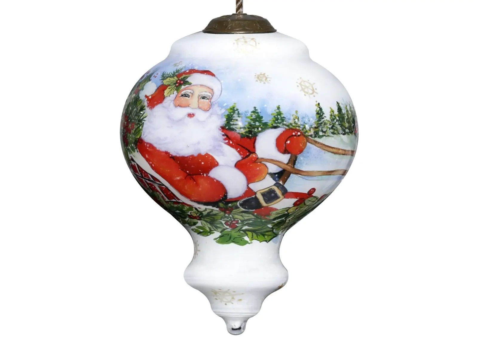 HomeRoots Nostalgic Vintage Christmas Decor Antique Hand-Painted Mouth-Blown Glass Ornament - Santa on Sleigh, Multi-Color Tree Decoration, 3.75"x2.75"x2.75" Light Weight Corded Adjustable Oval Teardrop Hanger, Antique Gold Finish Festive Home Gift in Box
