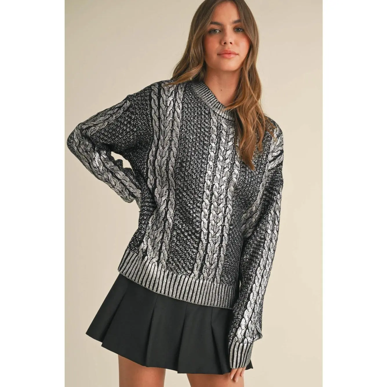 Metallic Foil Cable Knit Sweater Top