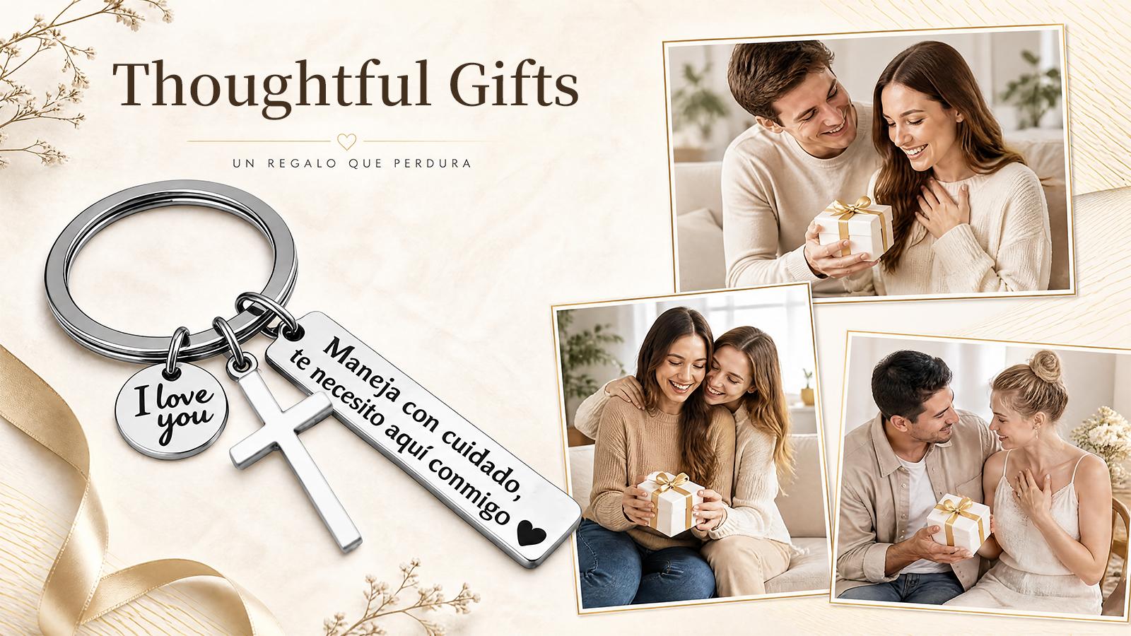 Maneja Con Cuidado Te Necesito Aquí Conmigo Keychain with Cross & "I Love You" Charm, Spanish Drive Safe Stainless Steel Keyring, Romantic Religious Gift for Him/Her Adjustable Heart Rate Couples Bracelet Set Rotating Retractable Reading Badge Holder