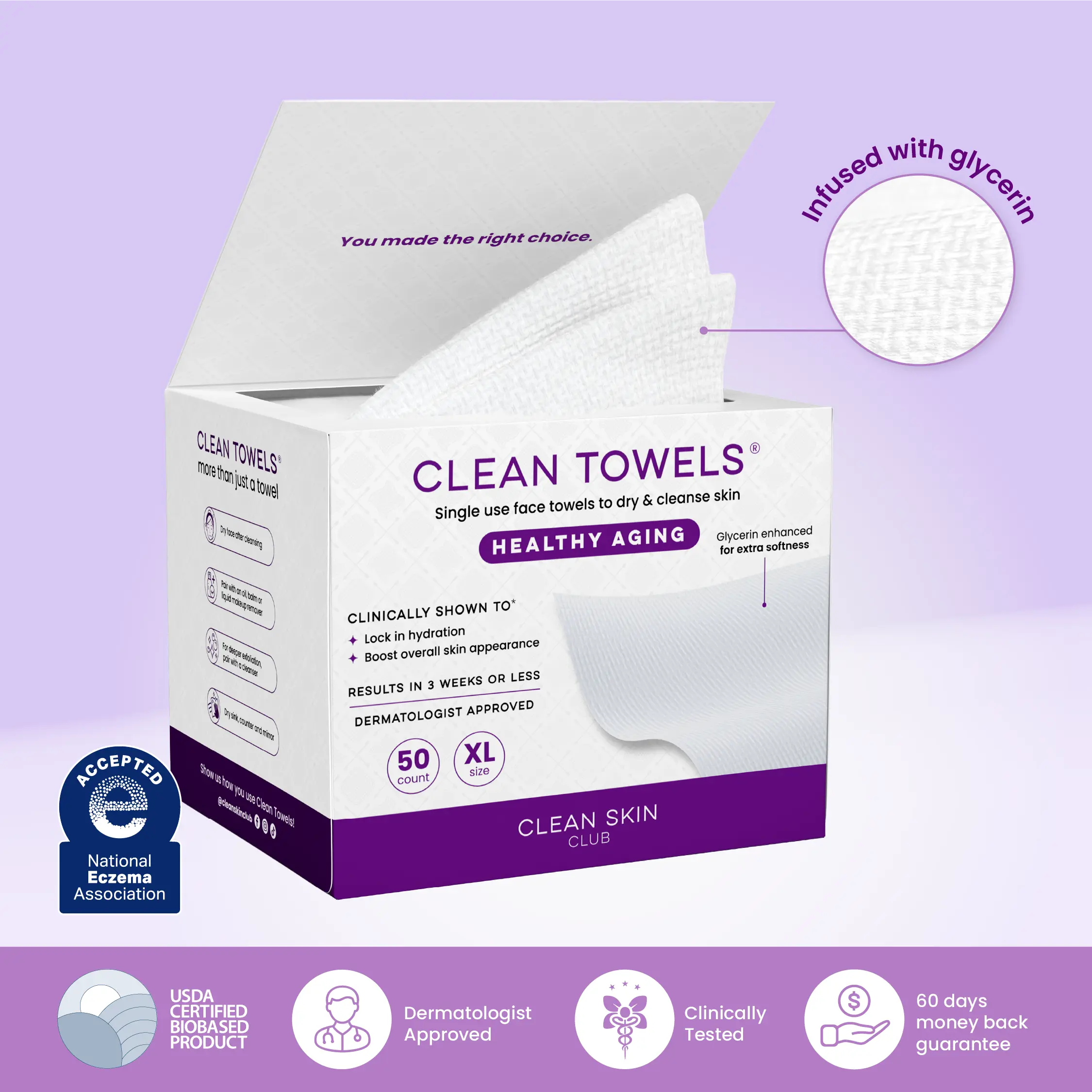 Clean Skin Club Healthy Aging Clean Towels XL 50 Count Glycerin Infused Anti Aging Makeup Remover Dry Wipe Smooths Fine Lines Wrinkles in 6 Weeks Gentle Cleansing