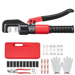 Hydraulic Crimping Tool with 9 Sets of Dies AWG12-2/0 Copper And Aluminum Terminal Battery Lug Crimper, with a Cutting Pliers, Gloves, 10pcs Copper Ring Connectors, 8pcs Heat Shrink Sleeves