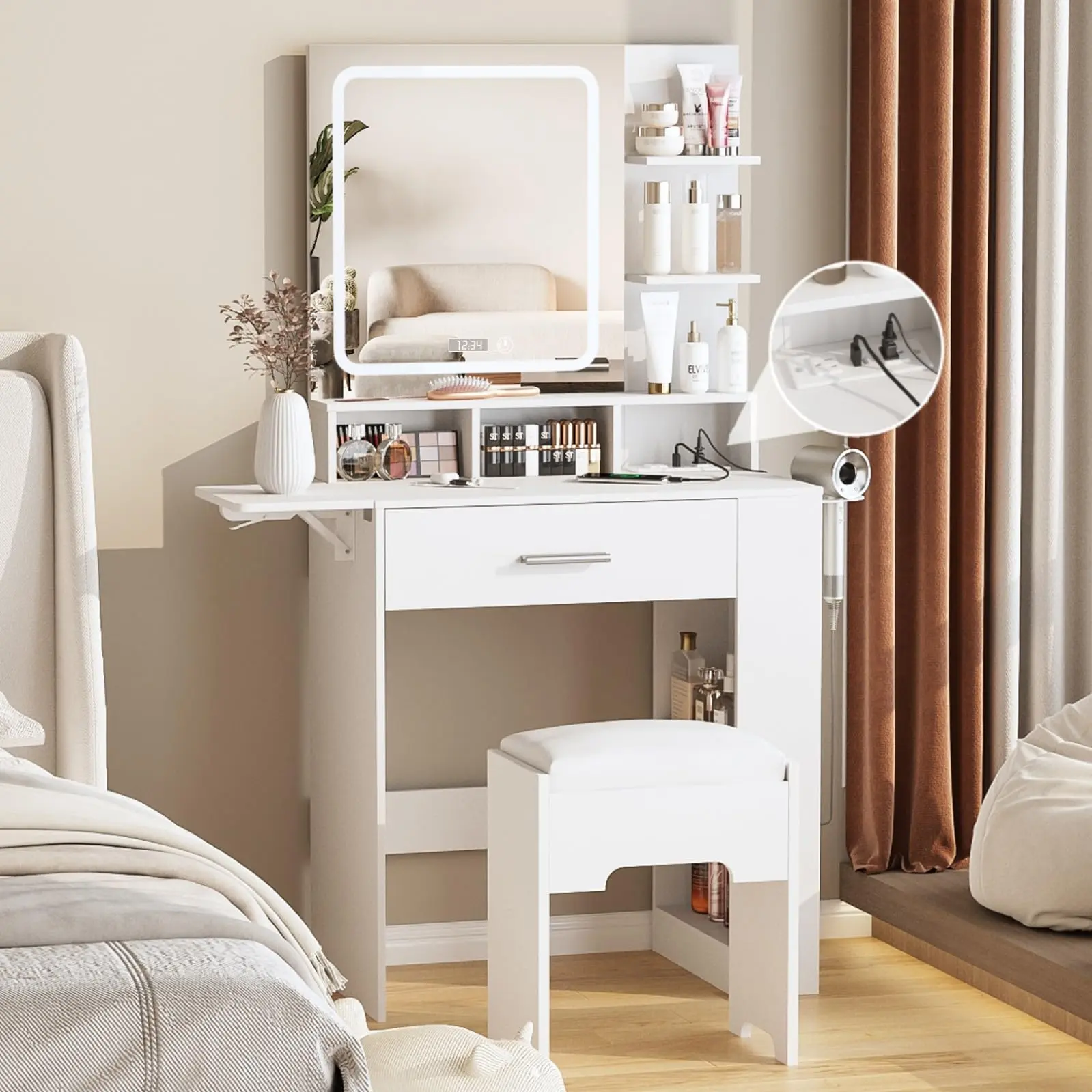 [tiktokshopbacktoschool] Vabches Vanity Desk with Mirror and Lights, Small Makeup Vanity with Drawer & Lots Storage Shelves, White Vanity Table with Charging Station & Time Display, Vanity Set with Chair, for Bedroom,dorm essentials,home decor