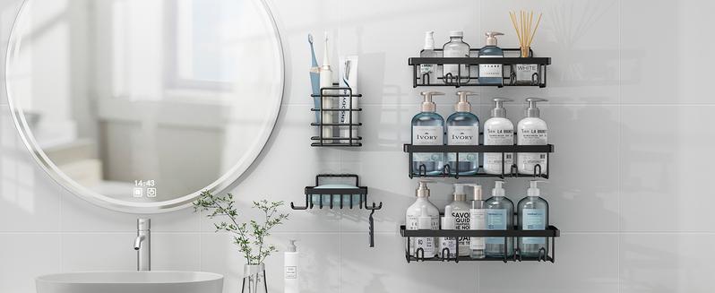 Caddy Shower Storage 5-Piece Set Self-Adhesive Stainless Steel Shelf No Drilling Required Rust-Resistant Bathroom Decor Accessories Pink Shampoo Body Wash Basket Showerhead Holder Installation Minimalist Hollow