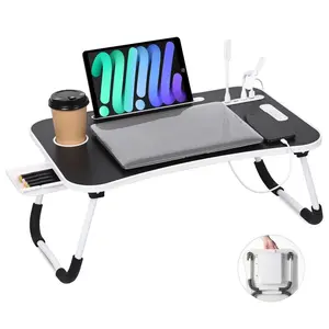 Portable Foldable Laptop Bed Desk with 4 USB Ports, Storage Drawer & Cup Holder | Multi-Functional Lap Tray for Bed, Couch, Office, Reading & Gaming | Ergonomic Design, Space-Saving Home Office Desk