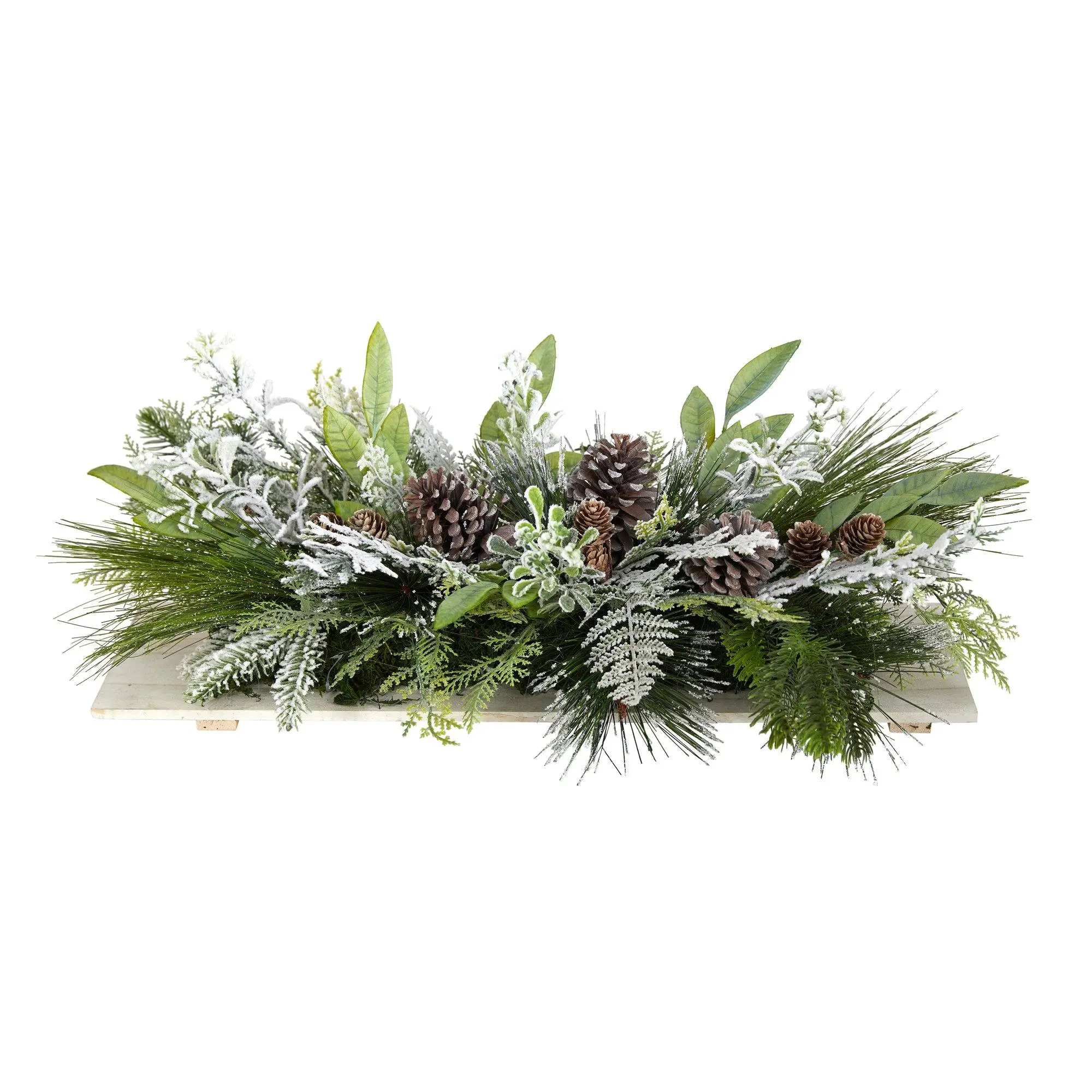 26in Flocked Floral Arrangement with Evergreen Leaves - Modern Artificial Room Decor Ornament, Indoor Christmas Festive Gift, Messy Look Cutting Board Wall Accent or Table Centerpiece with Distinct Textures