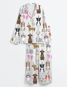 Women’s Watercolor Pink And Turquoise Birthday Party Dogs Long Sleeve Silky Satin Pajama Set