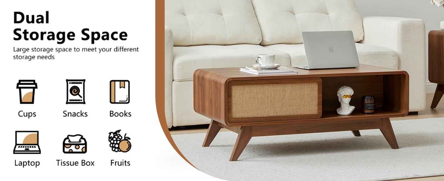 Giratree Mid Century Modern Coffee Table with Storage, Curved Edge Wood Coffee Table with Sliding Nature Linen Door, Farmhouse Center Table Rectangle Coffee Table for Living Room, Office Giratree Mid Century Modern Coffee Table with Storage, Curved Edge Wood Coffee Table with Sliding Nature Linen Door, Farmhouse Center Table Rectangle Coffee Table for Living Room, Office