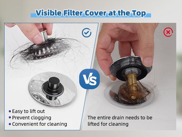 Hibbent Universal Bathroom Sink Drain Strainer Hair Catcher, 3 in 1 Pop-up Brass Metal Bathroom Sink Stopper Fit for Standard 1.1''~2.36'' Basin Hole, Transparent Edge