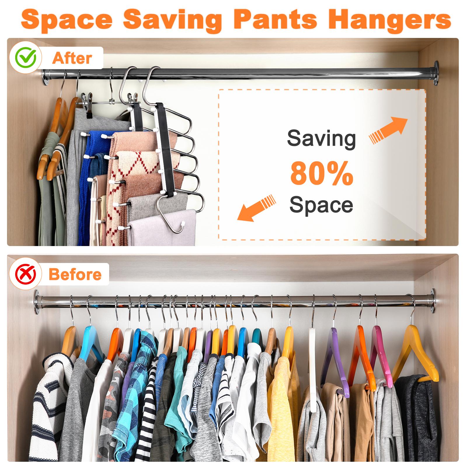 Folding trouser hanger, space-saving, 5-layer design, non-slip hanger, suitable for wardrobe organization and home storage.