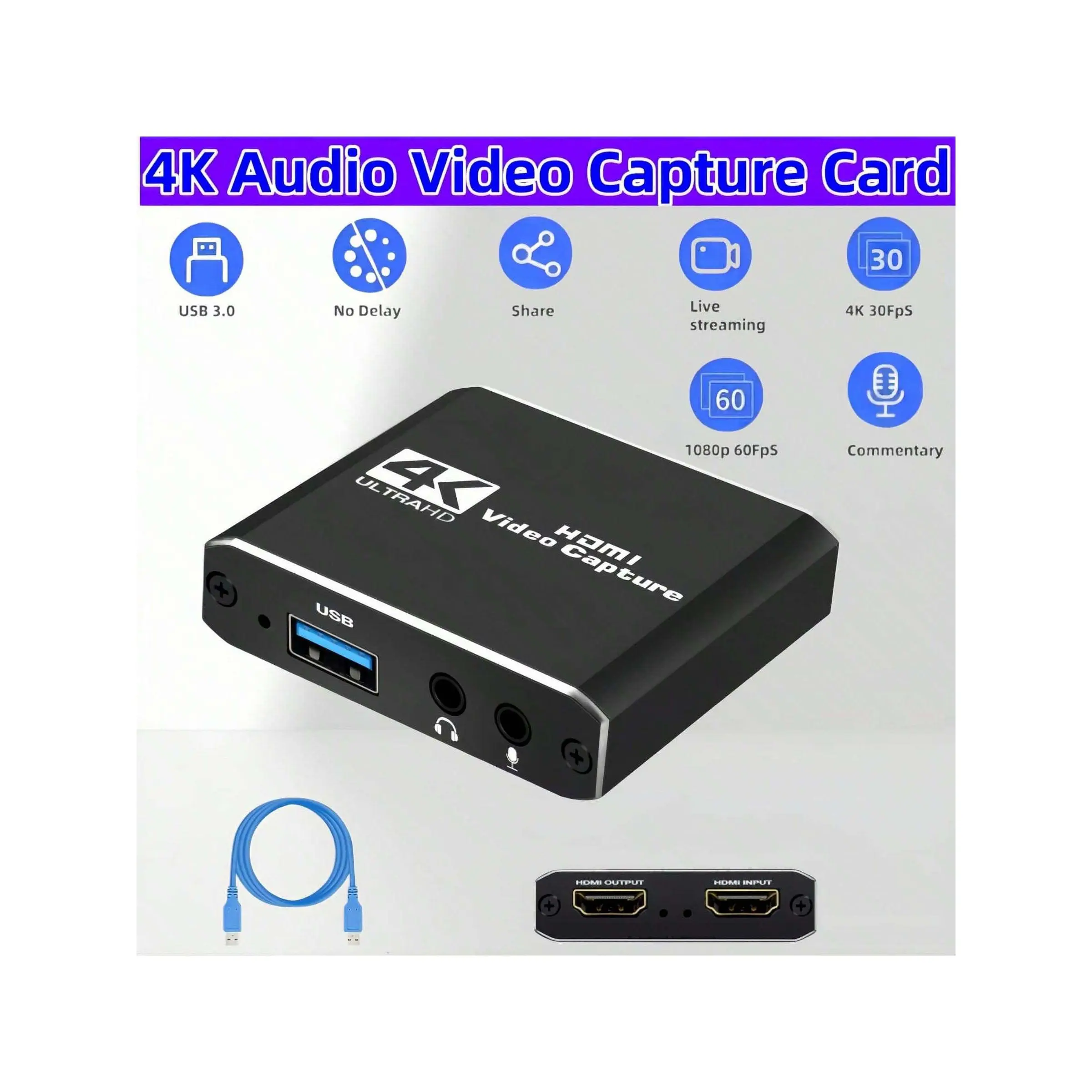 4K 30HZ Screen Recording Card-USB3.0 HDMI,HD Live Streaming Capture 60 FPS, High-Definition Video Capture Device For Game Recording Camera Microphone #SummerVibes