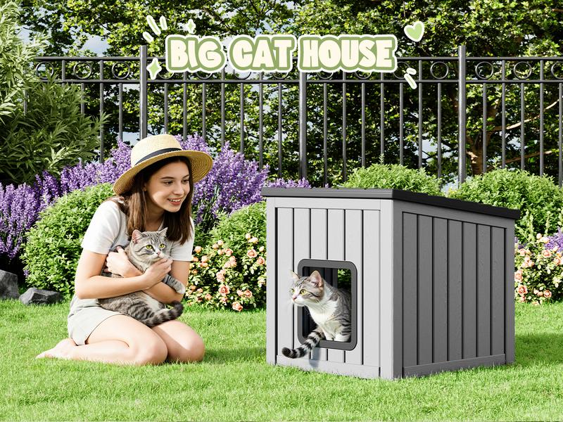 Durable All-Weather Cat House, Fade & Crack Resistant Resin Shelter with Roof, for Patio, Backyard & Garden