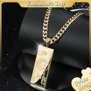 Holylegend 14K Real Gold-Plated Dollar Necklace, Double-Sided Mini Money Design with Iced Connector, 24" Cuban Chain, Hip Hop Jewelry Gift for Streetwear Lovers