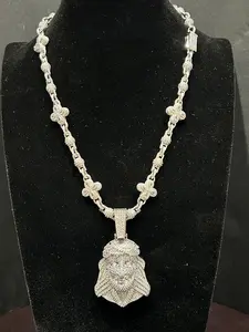 14K White Gold Combo 20 Inch Clovers Iced Out VVS CZ W/Jesus Head