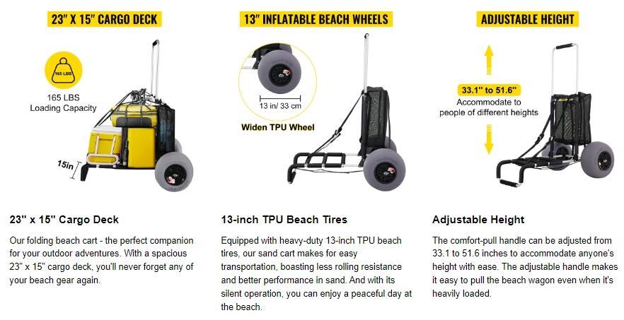 VEVOR Beach Carts for Sand, 23" x 15" Cargo Deck, w/ 13" TPU Balloon Wheels, 165LBS Loading Folding Sand Cart & 33.1" to 51.6" Adjustable Height, Aviation Aluminum Cart for Picnic, Fishing, Beach VEVOR Beach Carts for Sand, 23" x 15" Cargo Deck, w/ 13" TPU Balloon Wheels, 165LBS Loading Folding Sand Cart & 33.1" to 51.6" Adjustable Height, Aviation Aluminum Cart for Picnic, Fishing, Beach
