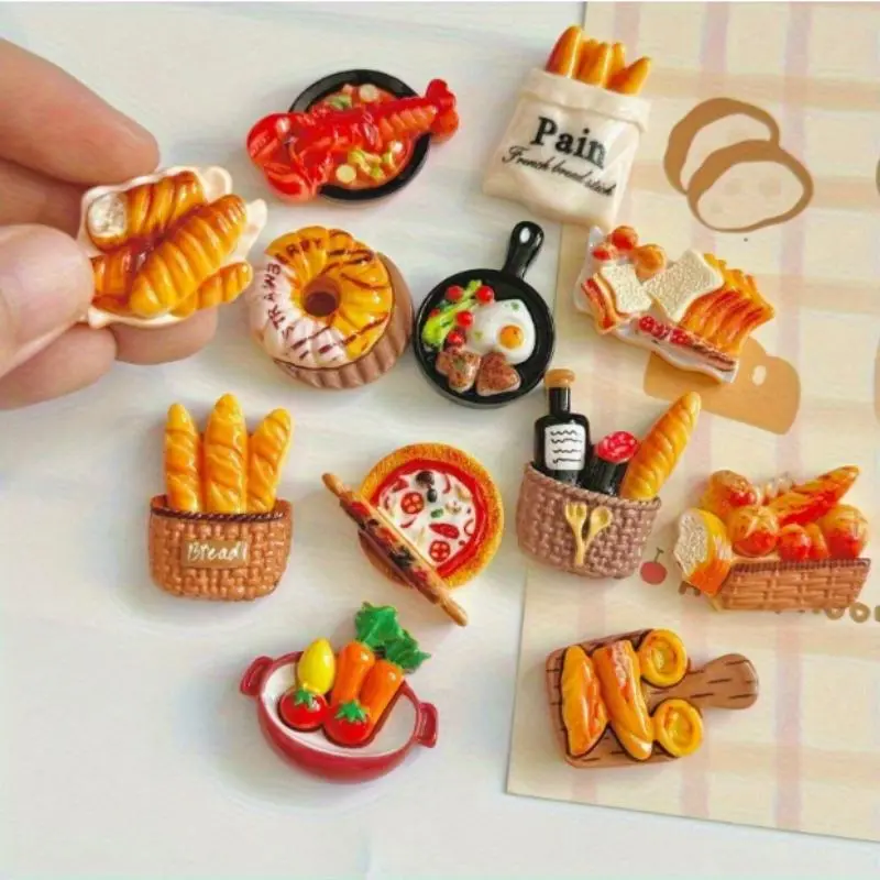 12 Piece Resin Food Decoration Set, Decorative Charm Kit for DIY Crafts and Jewelry Making, Mini Bread Breakfast Pizza and French Food Charms, Perfect for Earrings Hair Accessories Keychains and Phone Cases, Charm Accessory