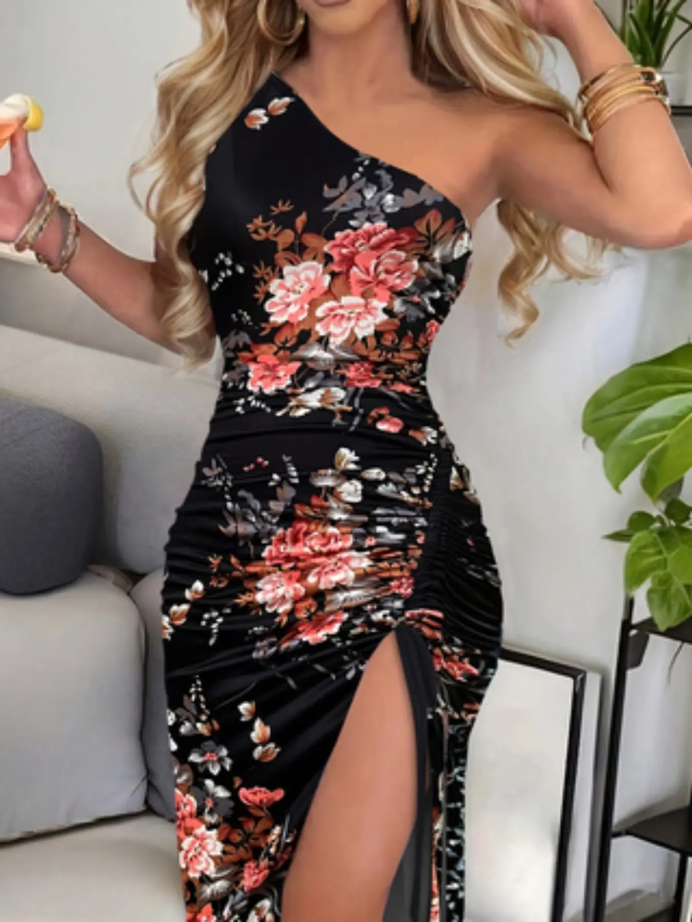 Sexy Floral Printed Drawstring High Slit Slim Fit Asymmetrical Neck Sleeveless Dress, Long Women's Fashion for Spring & Fall Evening Party Dresses, Party Club Dress